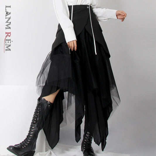 LANMREM 2023 Spring New High Waist Irregular Design Patchwork Multi-layer Fluffy Mesh Skirt Female Fashion 2C2204